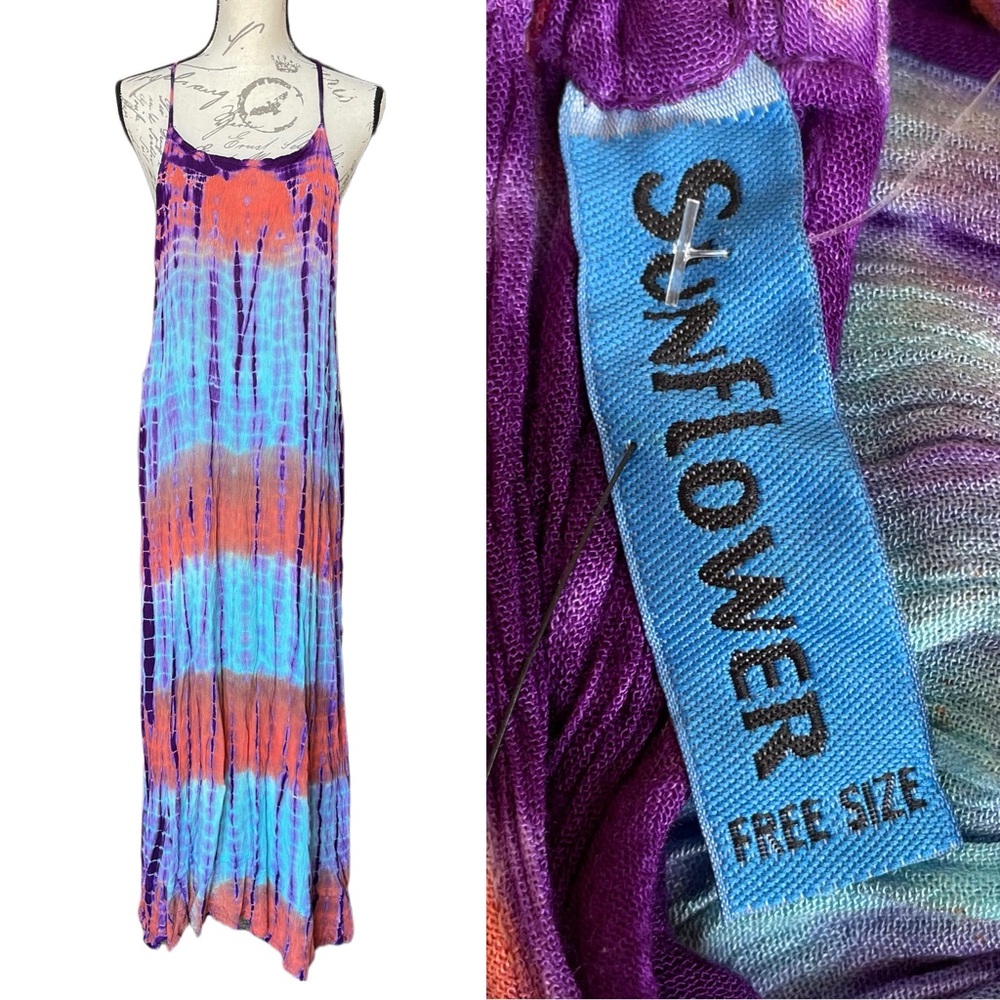 Sunflower Tie-Dye Hippie Maxi Dress in Purple Blue Rusty Orange Resort wear - OS